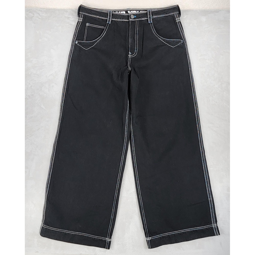 ALAB 26" Mega Rave Jeans Mens 38x30 Black Wide Leg Denim Cartoon Logo Pants